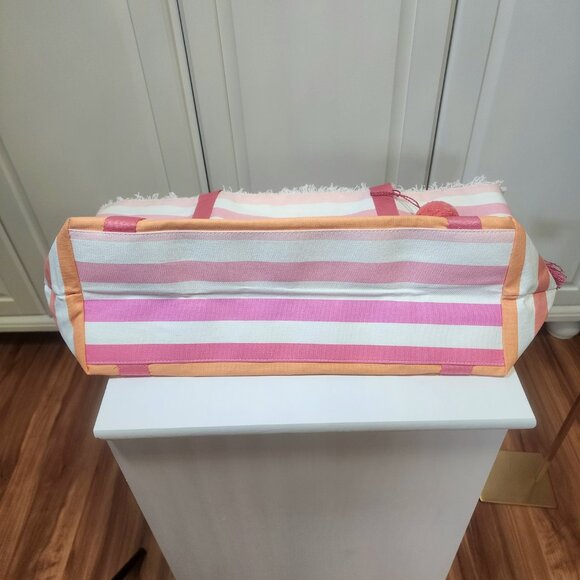 Victoria Secret Large Pink Orange Canvas Striped Beach Tote Bag - Picture 10 of 14